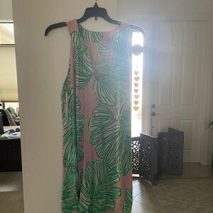 Pink and Green Leaf Print Dress